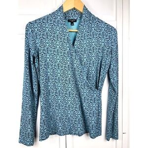 BEAUTIFUL TALBOTS BLUE BOHO STRETCH WRAP TOP